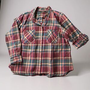 COTTON Ralph Lauren Womens Blouse Plaid Long Roll Tab Sleeve Sz M